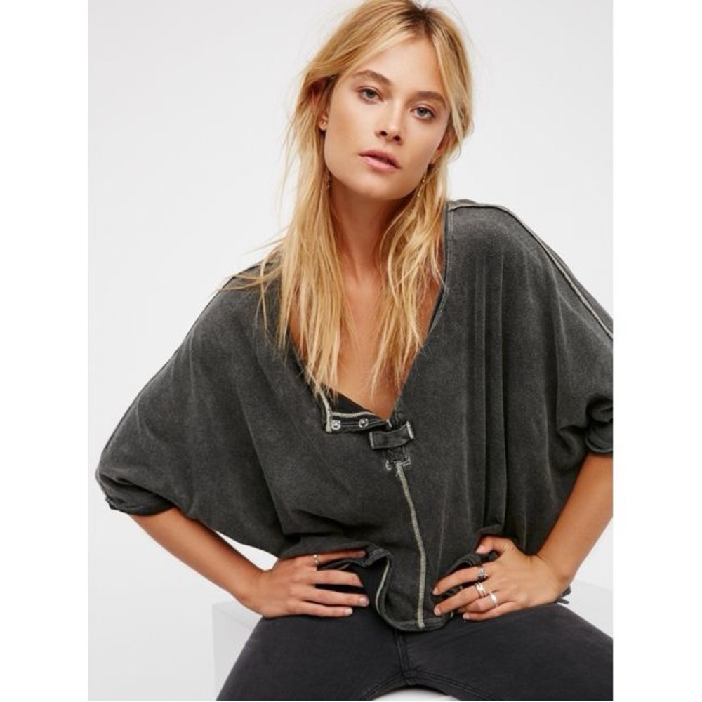 We the Free First Base Henley Drop Shoulder Top Acid Wash Indie Boho Shirt Small - Picture 4 of 8